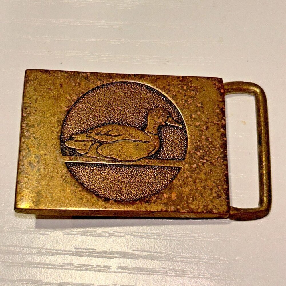 Solid Brass Duck Belt Buckle 1984 Steven H Knight Mallard Hunter 2" x 1-1/2" - Picture 1 of 6